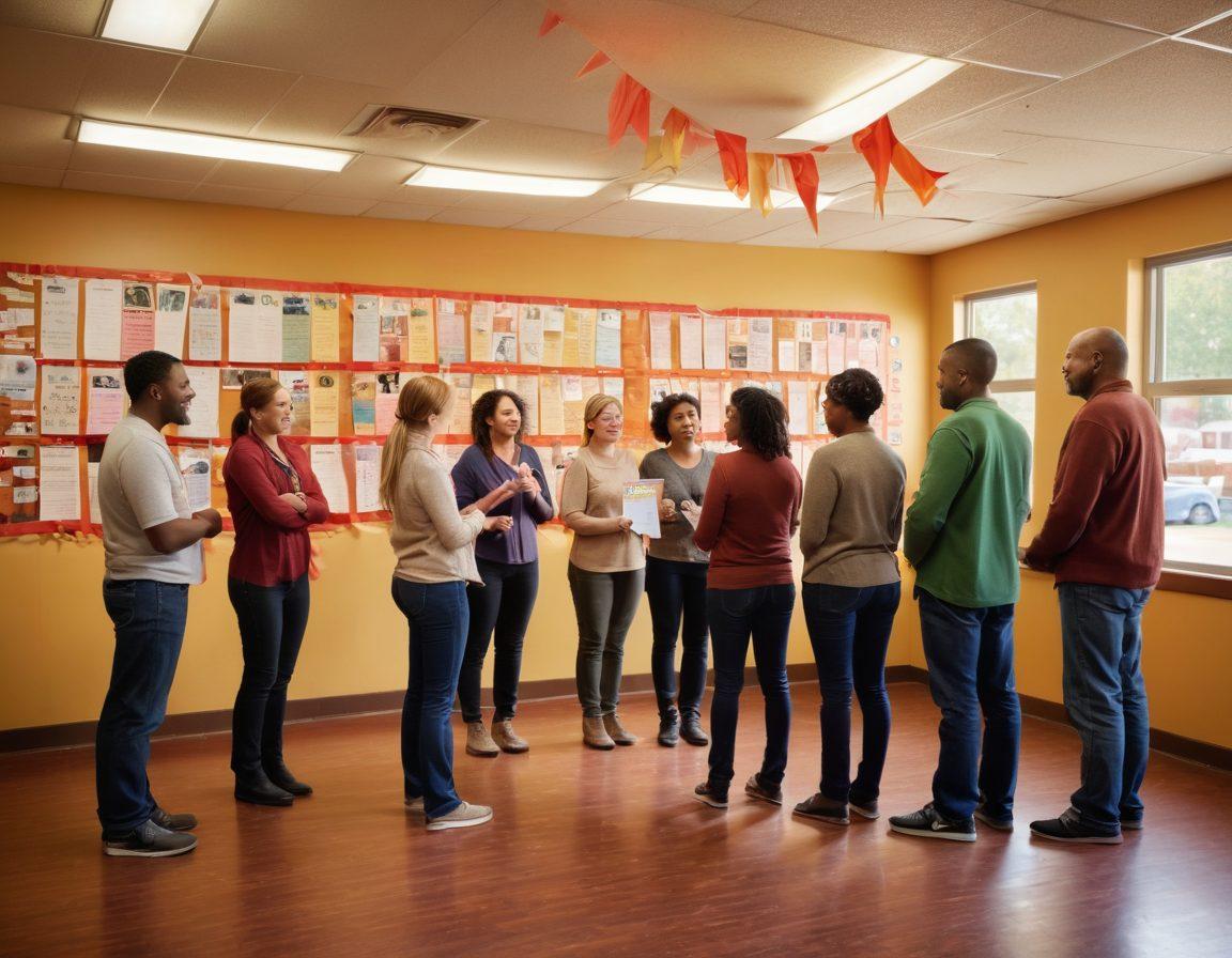 A diverse group of individuals gathered in a warm, inviting community center, actively discussing and sharing experiences. Include symbols of hope like ribbons and supportive posters on the walls. Depict a sense of camaraderie and empathy in their expressions, with soft lighting to enhance a welcoming atmosphere. super-realistic. vibrant colors. warm tones.