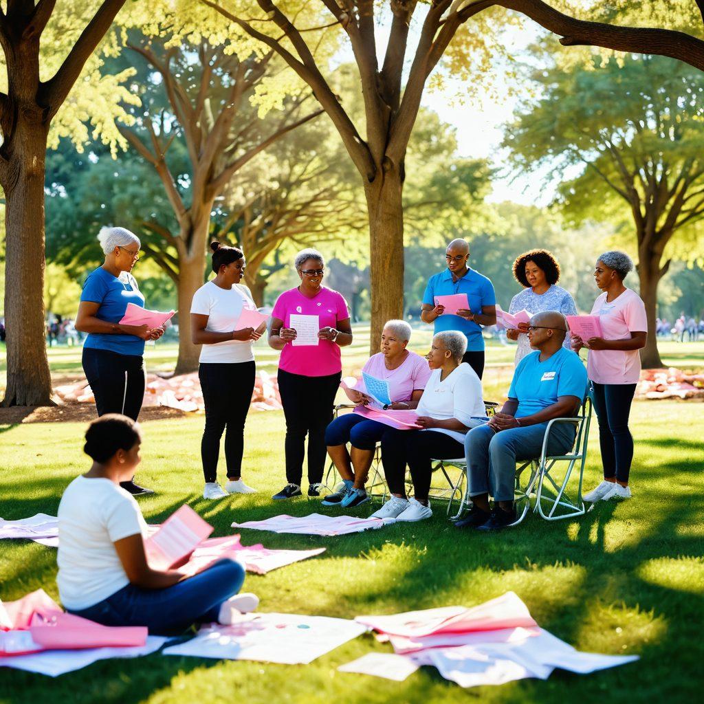A serene landscape featuring a diverse group of cancer survivors sharing stories in a sunlit park, with supportive family members by their side. Vibrant ribbons symbolizing cancer awareness flutter in the breeze, while educational pamphlets about cancer support are scattered around. The scene conveys hope, empowerment, and community. super-realistic. vibrant colors. soft focus.